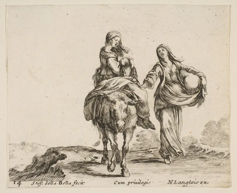 A young peasant woman and her child sitting side saddle atop a horse in center, another peasant woman to right, holding a large bag in her left arm, plate 14 from "Diversi capricci" Wall Art by Stefano della Bella - High-Resolution Digital Print