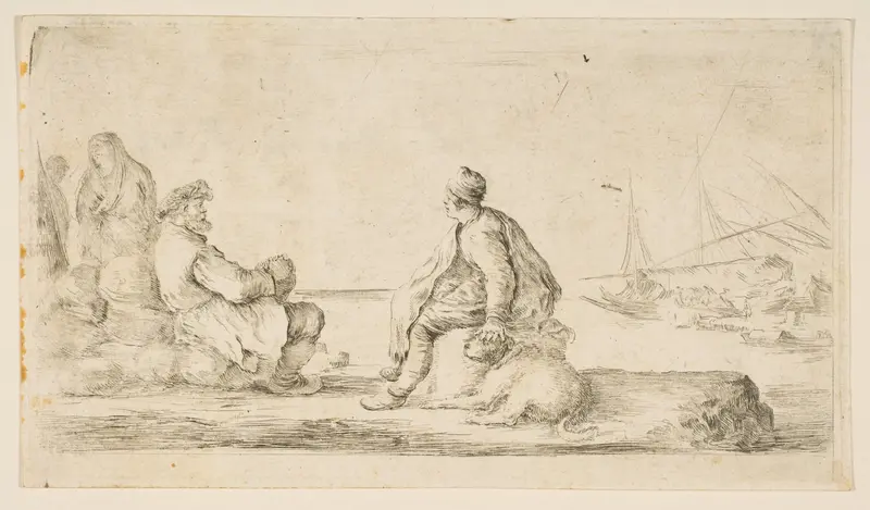 A young sailor and an old man sitting by the sea Wall Art by Stefano della Bella - High-Resolution Digital Print