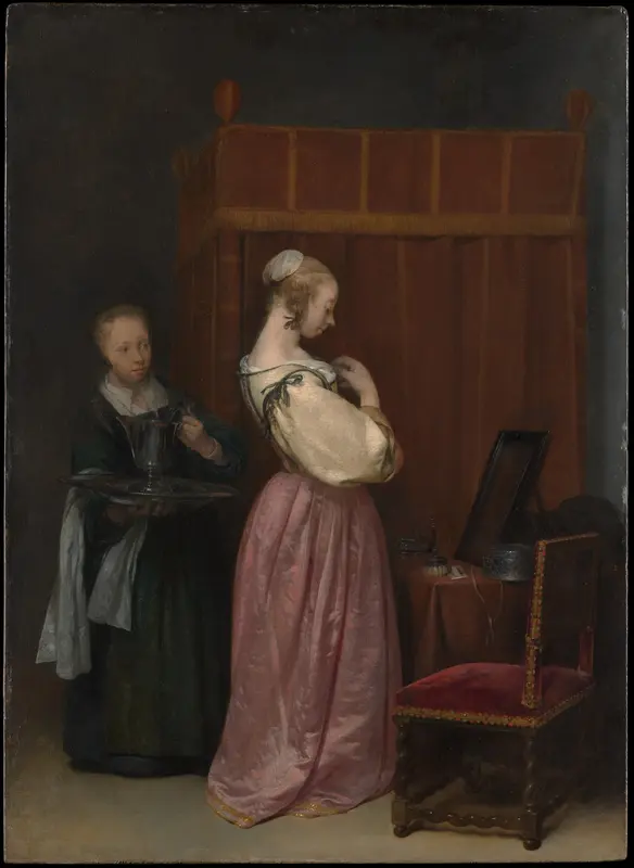 A Young Woman at Her Toilet with a Maid Wall Art by Gerard ter Borch the Younger - High-Resolution Digital Print