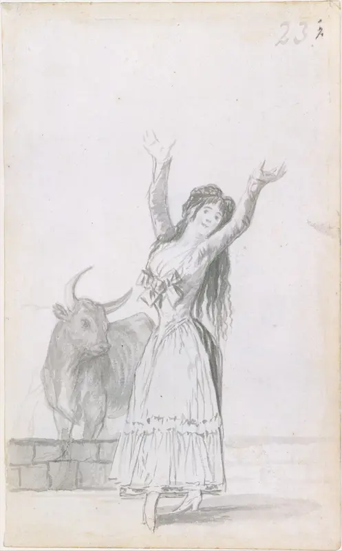 A young woman dancing, her arms raised, a bull in the background; folio 23 (recto) from the Madrid Album "B"