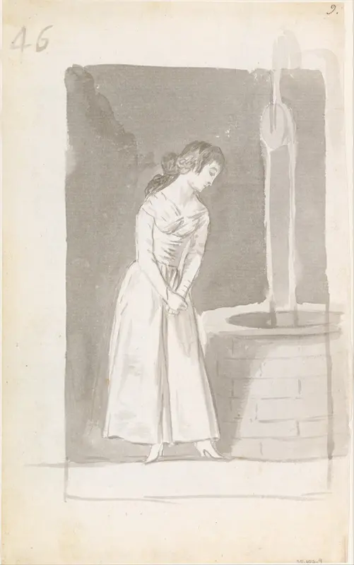 A young woman looking into a well; folio 46 (verso) from the Madrid Album "B"
