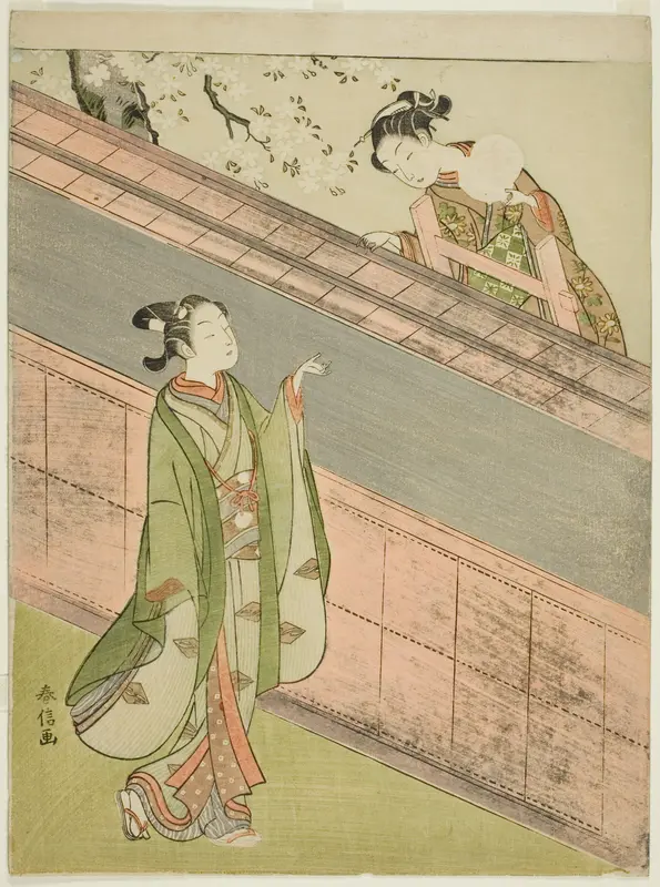 A Young Woman Returning a Ball to a Young Man Wall Art by Suzuki Harunobu - High-Resolution Digital Print