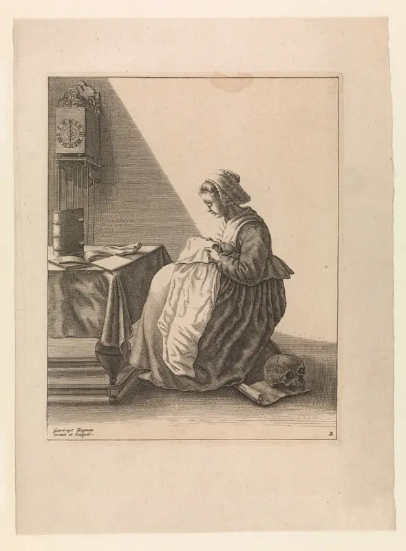 A Young Woman Ruffling, Plate 2 from "Five Feminine Occupations" Wall Art by Geertruydt Roghman - High-Resolution Digital Print
