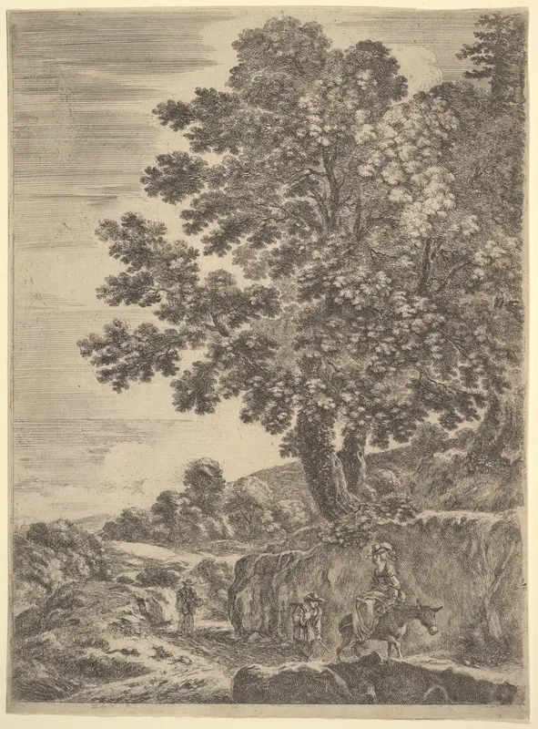 A young woman seated on a donkey wearing a hat, two men follow to left, a large tree above to right, from "Four large landscapes" (Quatre grands paysages en hauteur) Wall Art by Stefano della Bella - High-Resolution Digital Print