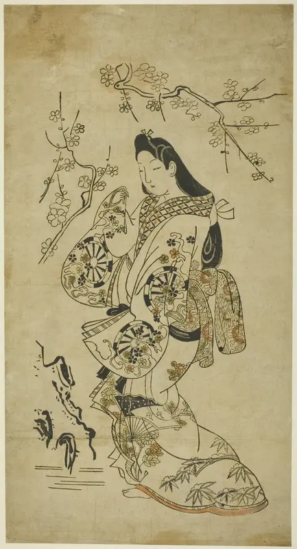 A Young Woman Walking near a Plum Tree