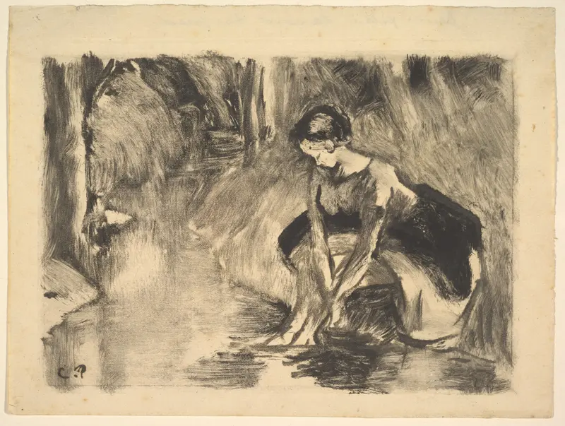 A Young Woman Washing Her Feet at the Edge of a Stream Wall Art by Camille Pissarro - High-Resolution Digital Print