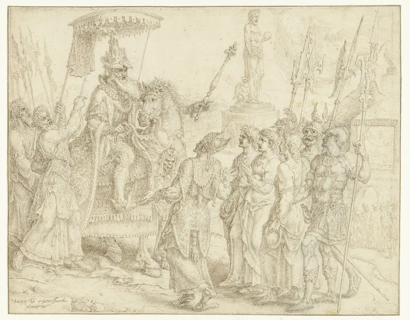 Aanklacht tegen de drie jongelingen Sadrach, Mesach en Abed-nego Wall Art by Maarten van Heemskerck - High-Resolution Digital Print