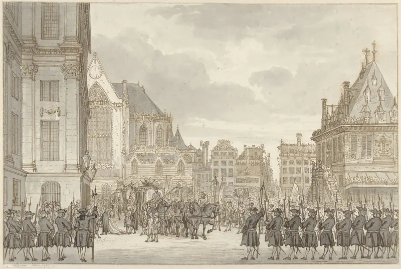 Aankomst van Prins Willem V en Frederica Sophia Wilhelmina van Pruisen bij het Stadhuis op de Dam te Amsterdam, 30 mei 1768 Wall Art by Unknown - High-Resolution Digital Print