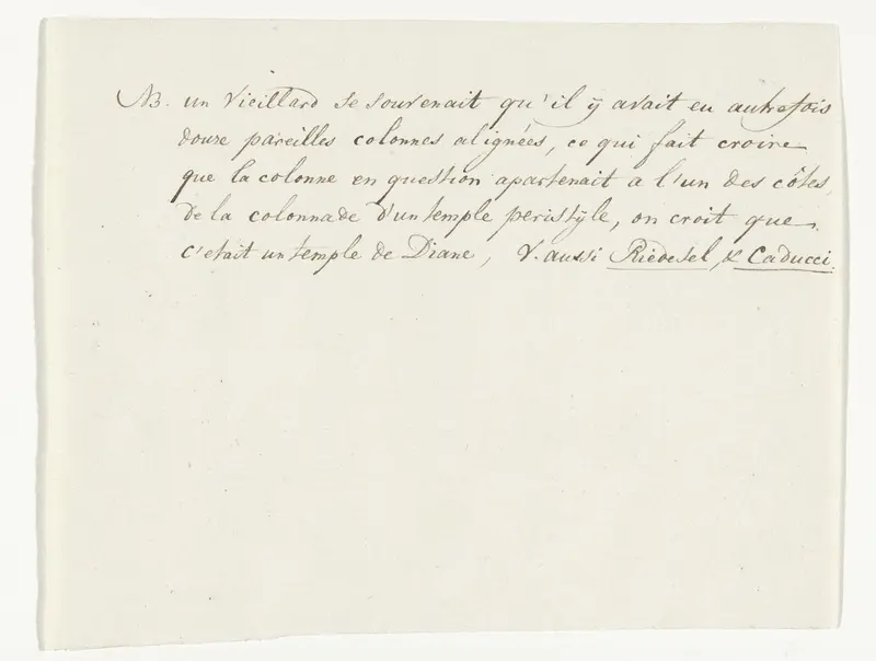 Aantekening van een lid van het reisgezelschap Nicolaas ten Hove over de oude tempel en de zuilengalerij aangetroffen onder de kerk van de heilige Drieëenheid in Tarente Wall Art by Louis Ducros - High-Resolution Digital Print
