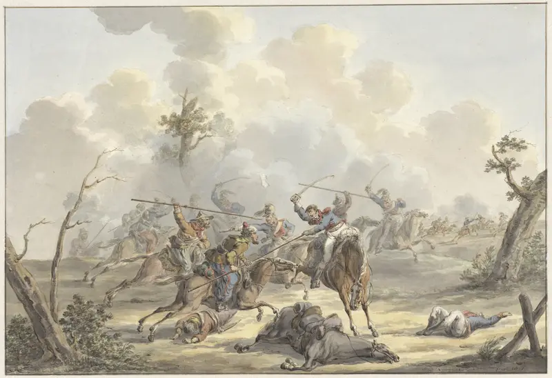 Aanval tussen Kozakken van de Krim en Franse Rijdende Artillerie Wall Art by Jan Anthonie Langendijk Dzn - High-Resolution Digital Print