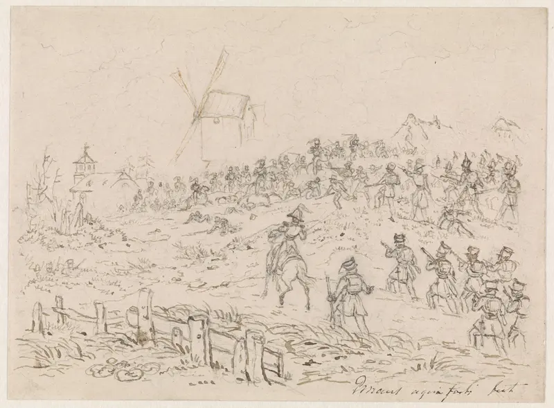 Aanval van cavalerie tegen infanterie, bij een dorp Wall Art by Gerardus Emaus de Micault - High-Resolution Digital Print