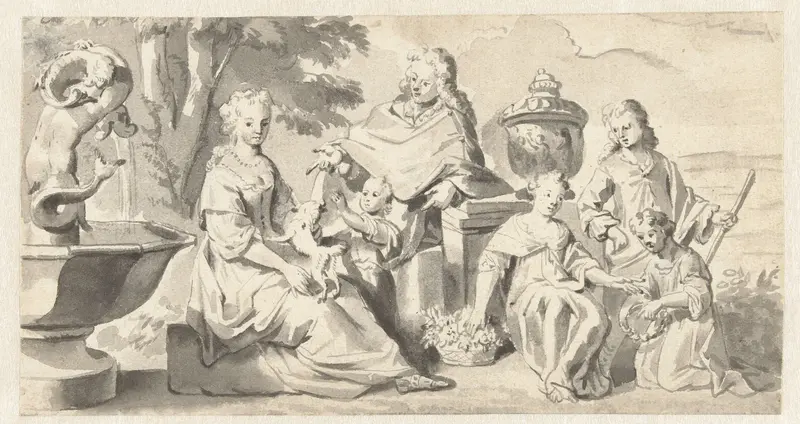 Aanzienlijke familie in een tuin bij een fontein Wall Art by Unknown - High-Resolution Digital Print