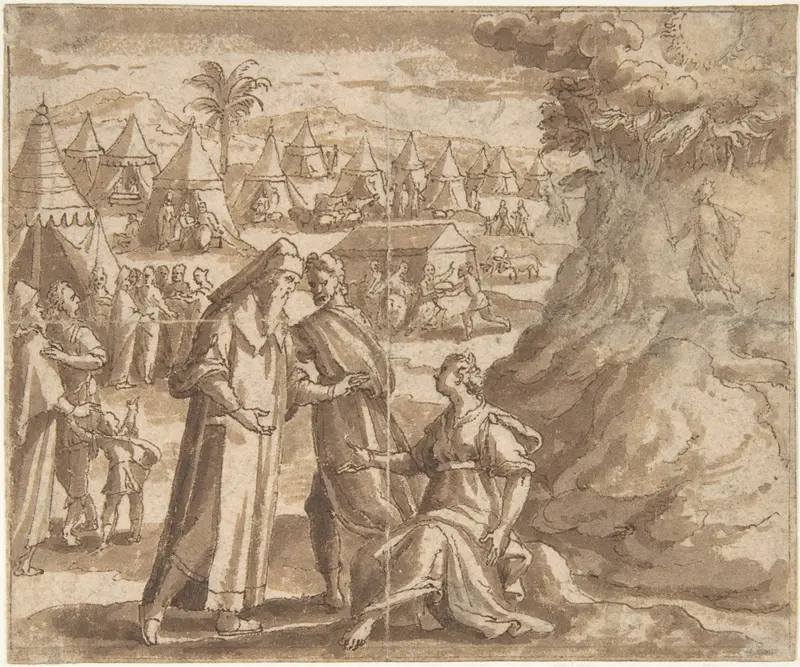 Aaron and Nadab Taking Leave of Elisheba (?), with the Israelites Camped before Mount Sinai and Moses Ascending the Mountain. Wall Art by Adam van Noort - High-Resolution Digital Print