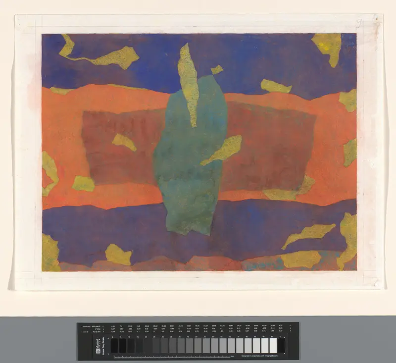 Abstracte schildering in blauw, oranje en geel Wall Art by Unknown - High-Resolution Digital Print