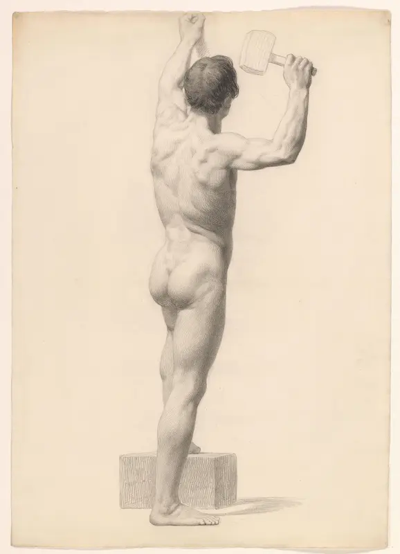 Academiestudie naar staand mannelijk naakt, met hamer op de rug gezien Wall Art by Jacobus Everhardus Josephus van den Berg - High-Resolution Digital Print
