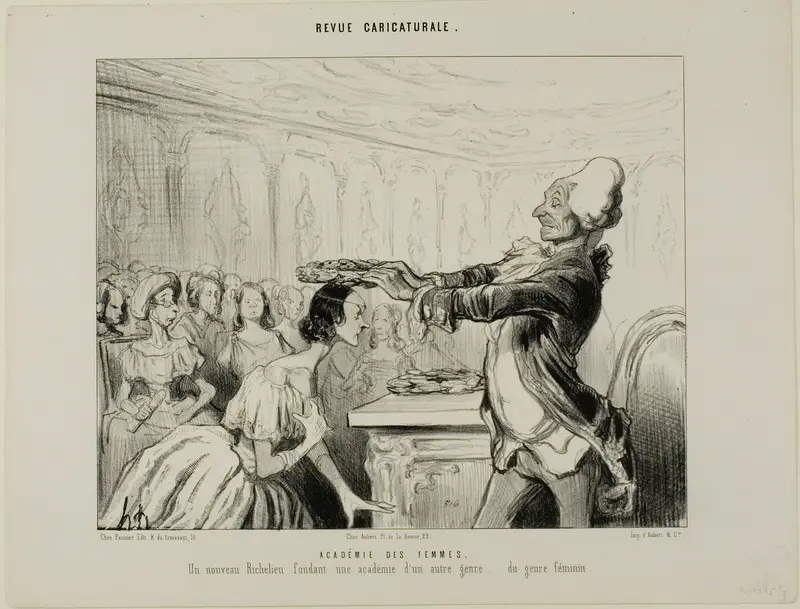 Academy of Women. A new Richelieu, founding a new Academy of a different kind.... of the feminine gender, plate 33 from Revue Caricatureale