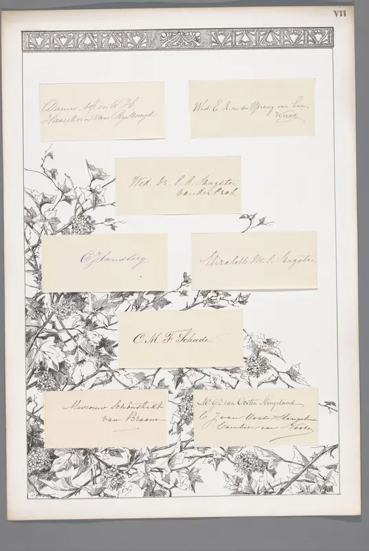 Acht handtekeningen geplakt op een blad met bladeren en bloemen en decoratieve rand Wall Art by Unknown - High-Resolution Digital Print