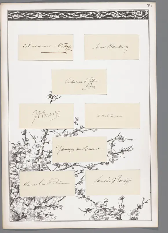 Acht handtekeningen geplakt op een blad met bloesem en decoratieve rand Wall Art by Unknown - High-Resolution Digital Print