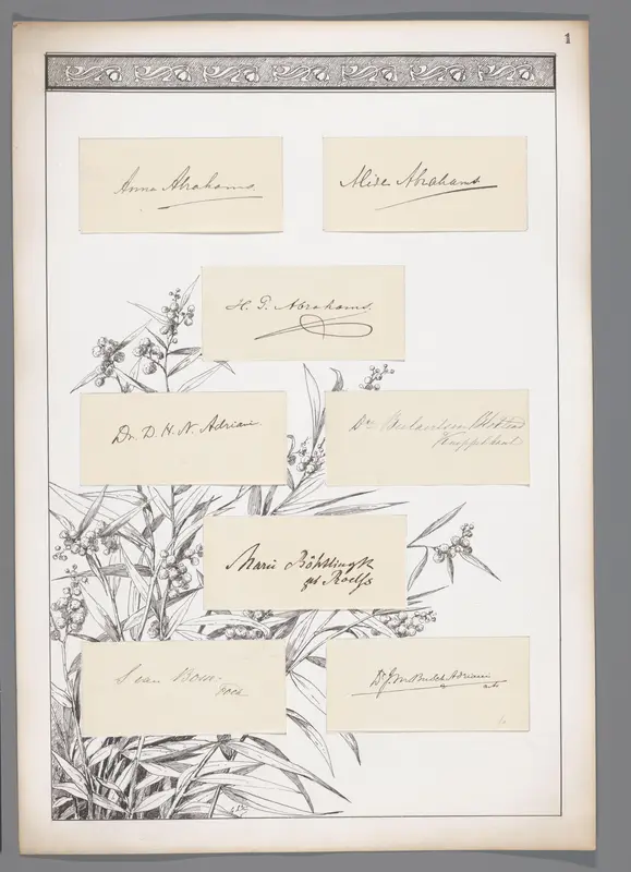 Acht handtekeningen geplakt op een blad met een plant en decoratieve rand Wall Art by Unknown - High-Resolution Digital Print