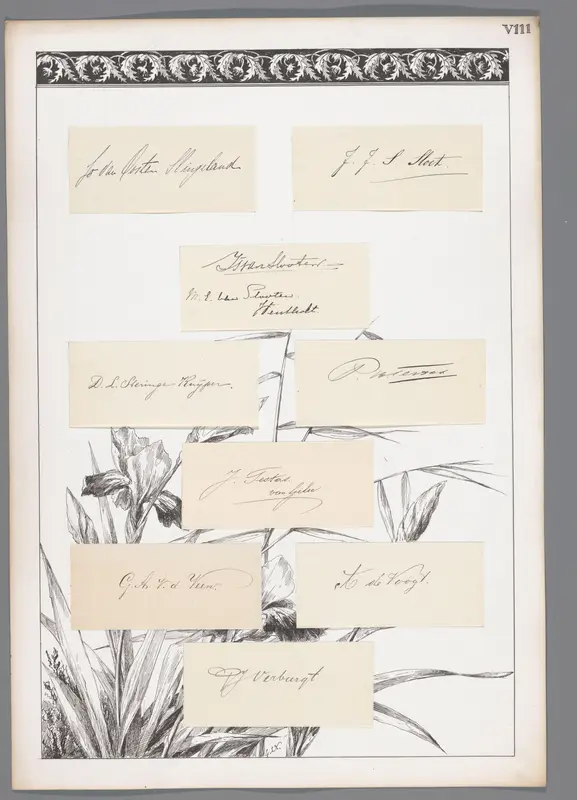 Acht handtekeningen geplakt op een blad met irissen en decoratieve rand Wall Art by Unknown - High-Resolution Digital Print