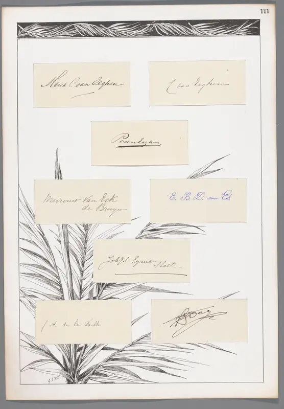 Acht handtekeningen geplakt op een blad met palmbladeren en decoratieve rand Wall Art by Unknown - High-Resolution Digital Print