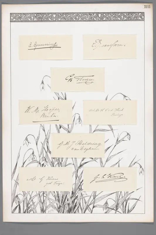 Acht handtekeningen geplakt op een blad met sneeuwklokjes en decoratieve rand Wall Art by Unknown - High-Resolution Digital Print