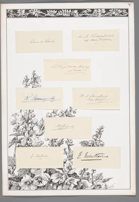 Acht handtekeningen geplakt op een blad met stokrozen en decoratieve rand Wall Art by Unknown - High-Resolution Digital Print