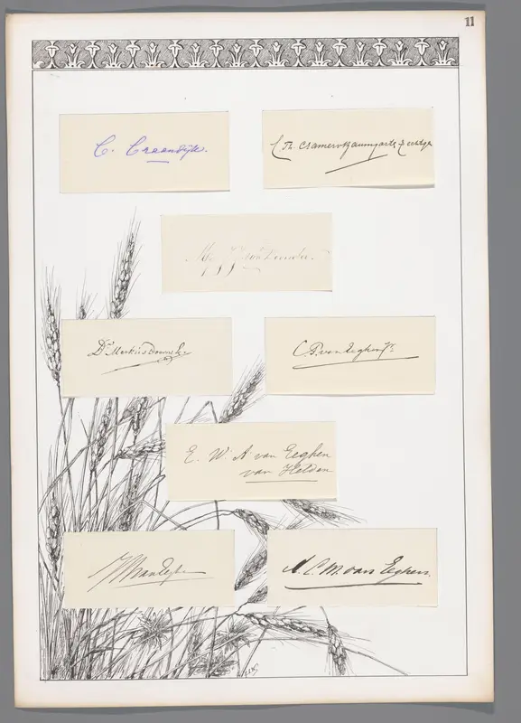 Acht handtekeningen geplakt op een blad met tarwe en decoratieve rand Wall Art by Unknown - High-Resolution Digital Print