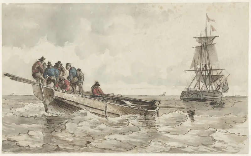 Acht mannen in een roeiboot bij een zeilschip Wall Art by Frans Arnold Breuhaus de Groot - High-Resolution Digital Print