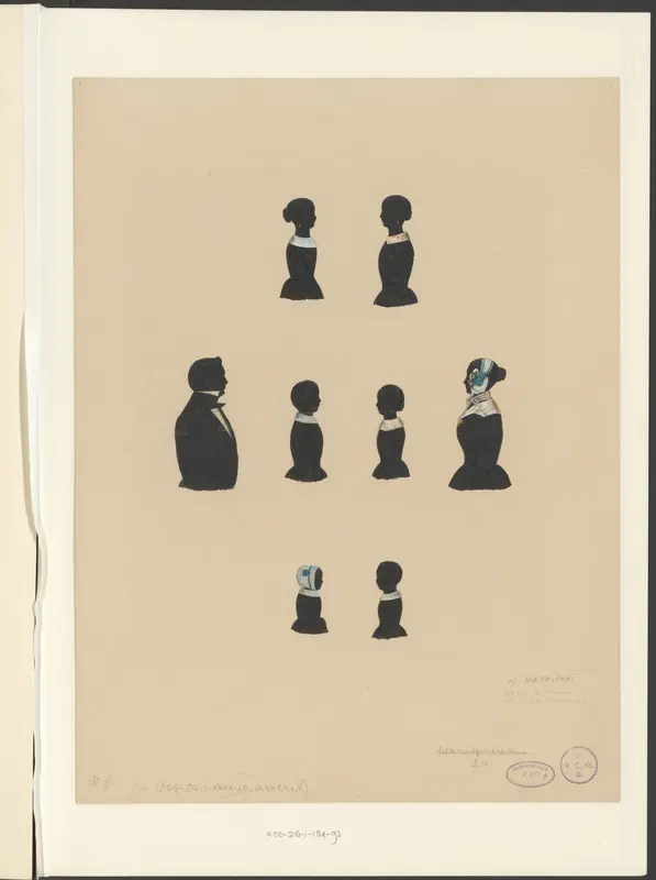 Acht silhouetportretten van twee volwassenen en zes kinderen, mogelijk een familie Wall Art by Unknown - High-Resolution Digital Print