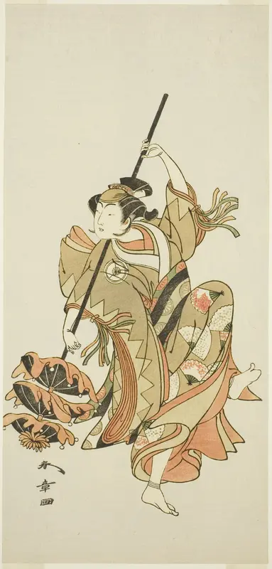 Actor Iwai Hanshirô IV Performs the Triple Umbrella Dance in “Flower of Japan: Ono no Komachi’s Five Characters” (“Kuni no Hana Ono no Itsumoji”) Wall Art by Katsukawa Shunsho - High-Resolution Digital Print
