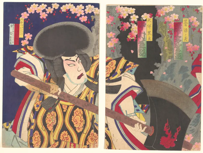 Actor, Nakamura Shikan plays as Ootomo no Kuronushi, Onoe Taganojō plays as Kurosome no rei, from Tsumoru koiyuki no sekinoto Wall Art by Hashimoto Naoyoshi - High-Resolution Digital Print