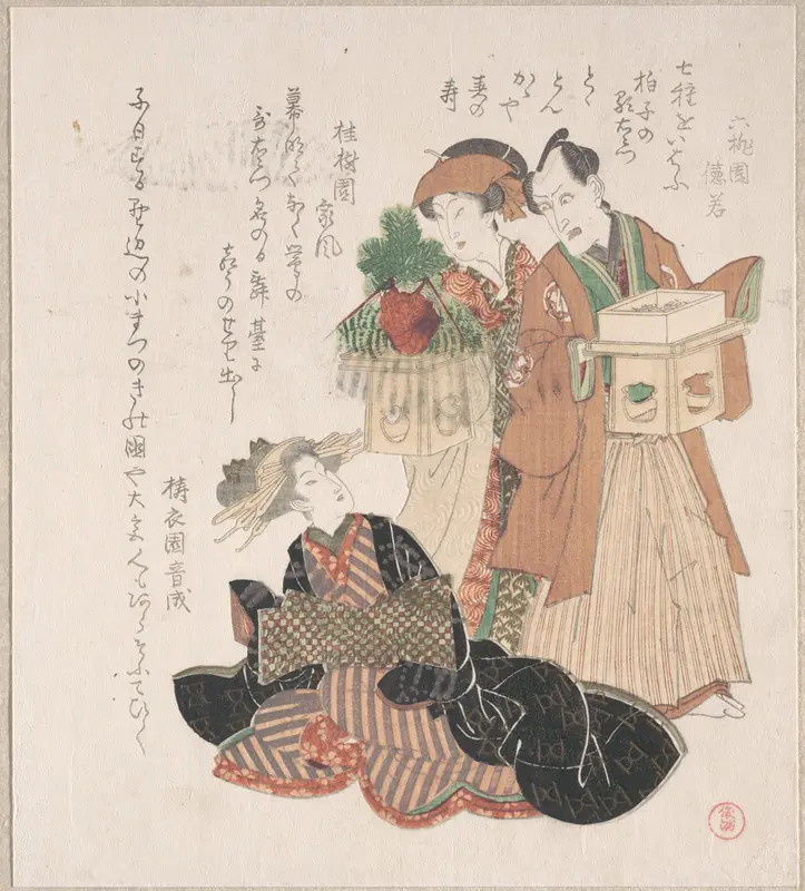 Actor Nakamura Utayemon with Two Women Preparing for the New Year Ceremony Wall Art by Utagawa Toyokuni I - High-Resolution Digital Print