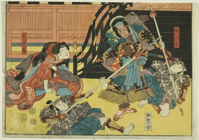 Actors as Fukashichi and Omiwa from the play "Imoseyama," from an untitled series of half-block images of kabuki scenes