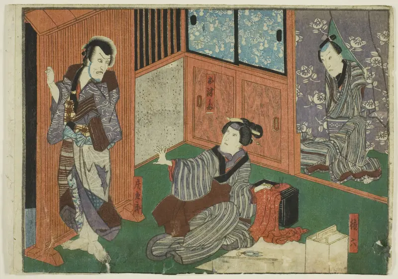Actors as Genroku, Otsuma, and Shokuro, from an untitled series of half-block images of kabuki scenes