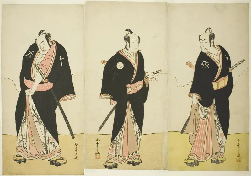 Actors Ichikawa Danjôrô V as Gokuin Sen’emon, Bandô Mitsugorô I as An no Heibei, and Nakamura Sukegorô II as Kaminari Shôkurô in “A Soga Drama on the First Festival Day in the Pleasure District” (“Hatsumombi Kuruwa Soga”) Wall Art by Katsukawa Shunsho - High-Resolution Digital Print