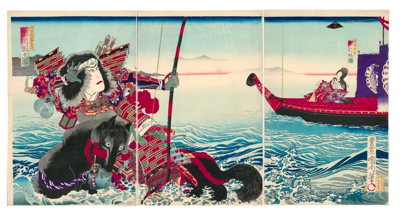 Actors Ichikawa Danjuro IX as Nasu no Yoichi Munetaka and Nakamura Fukusuke IV as Tamamushi Gozen