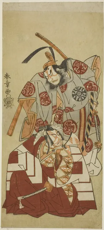 Actors Ichikawa Danjûrô V as Watanabe Kiou Takiguchi and Nakamura Nakazô I as Taira no Kiyomori in the “Shibaraku” scene from “Forest of the Nue Monster: Target of the Eleventh Month” (“Nue no Mori Ichiyô no Mato”)