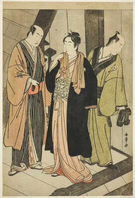 Actors Ichikawa Monnosuke II, Iwai Hanshirô IV, and (possibly) Iwai Karumo on a Landing Backstage