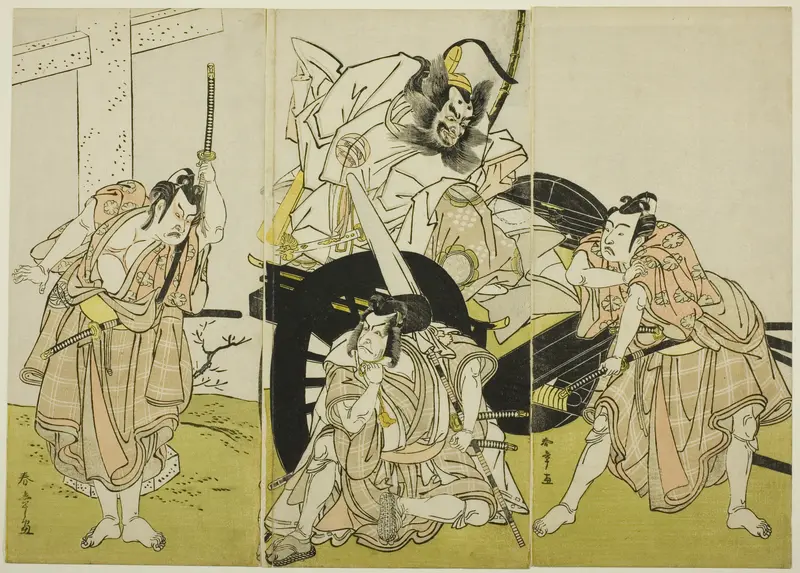Actors Nakajima Mihoemon II as Fujiwara no Shihei, Ichikawa Ebizô III as Matsuo-maru, Ichikawa Yaozô II as Sakura-maru, and Ichimura Uzaemon IX as Umeo-maru in “Sugawara’s Secrets of Calligraphy” (“Sugawara denju tenarai kagami”)
