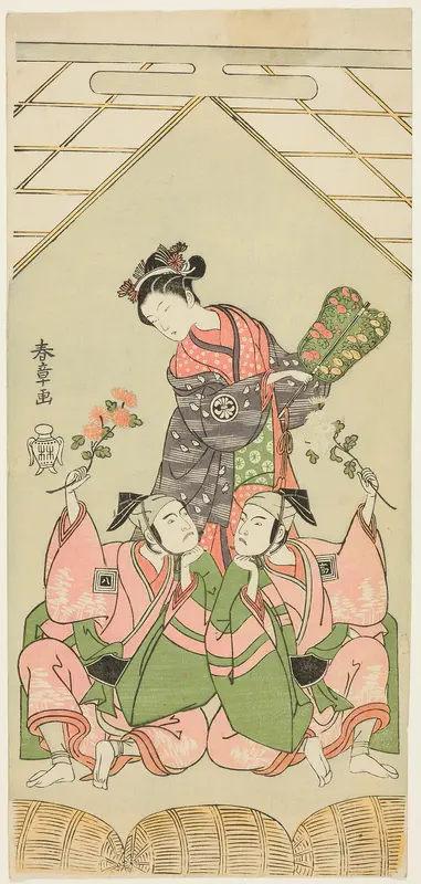 Actors Segawa Kikunojô II as Reizei, Ichikawa Komazô I as Suruga no Hachirô, and Ichikawa Yaozô II as Tada no Kurando in “The Genji Clan Now at Its Zenith” (“Ima o sakari suehiro Genji”) Wall Art by Katsukawa Shunsho - High-Resolution Digital Print