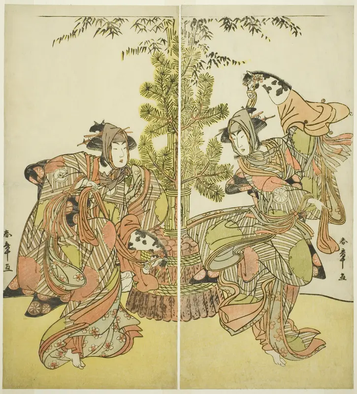 Actors Segawa Kikunojô III as Yasukata and Iwai Hanshirô IV as Utôin Performing a Hobbyhorse Dance (Harugoma odori) in “The Fifth Genji Mitsugi’s Robe (“Godai Genji Mitsugi no Furisode”) Wall Art by Katsukawa Shunsho - High-Resolution Digital Print