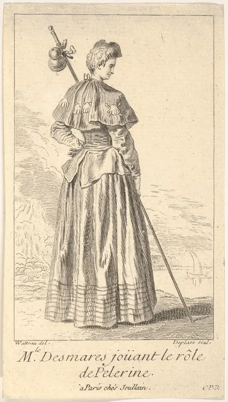 Actress Charlotte Desmares playing the role of a pilgrim, shown from behind with her head turned toward the right, she holds a walking stick, scallop shells adorn her cape Wall Art by Louis Desplaces - High-Resolution Digital Print