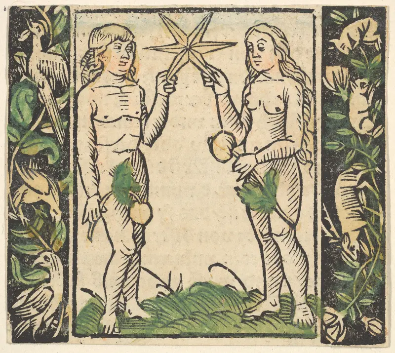 Adam and Eve Holding a Star, illustration from Beschlossen Gart des Rosenkranz Mariae Wall Art by Hans Baldung (called Hans Baldung Grien) - High-Resolution Digital Print