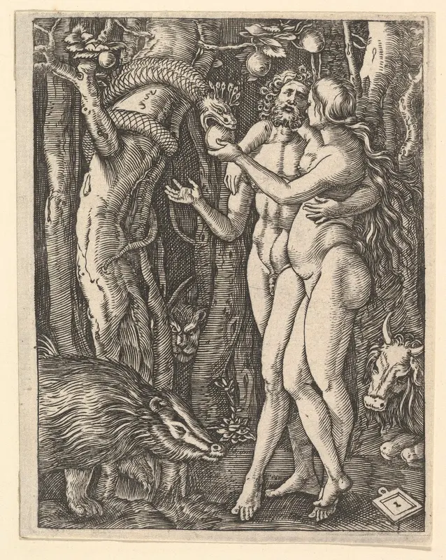 Adam and Eve with apple and serpent, from "The Passion of Christ", after Dürer