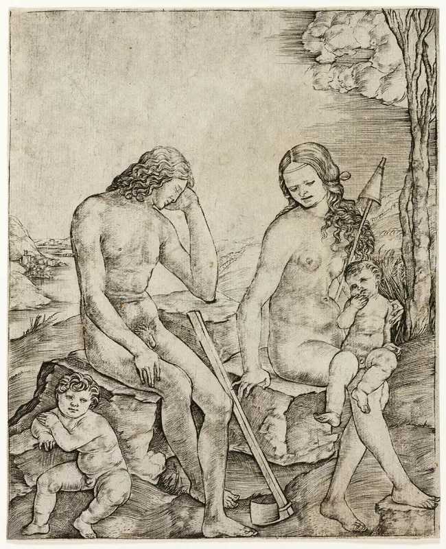 Adam and Eve with Infants Cain and Abel Wall Art by Cristofano Robetta - High-Resolution Digital Print