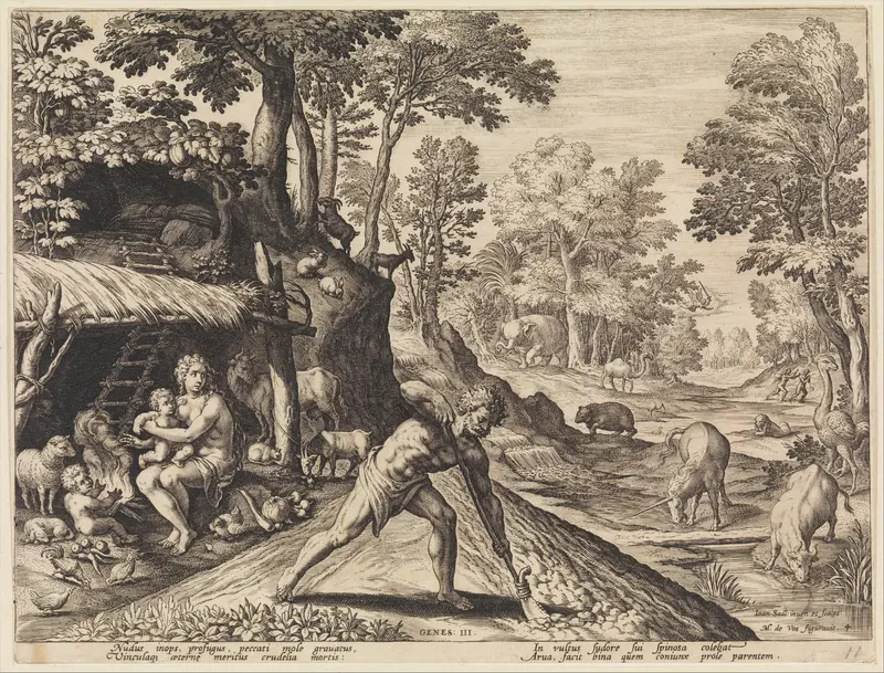 Adam at Work after the Fall, from "The Story of the First Men" Wall Art by Johann Sadeler I - High-Resolution Digital Print