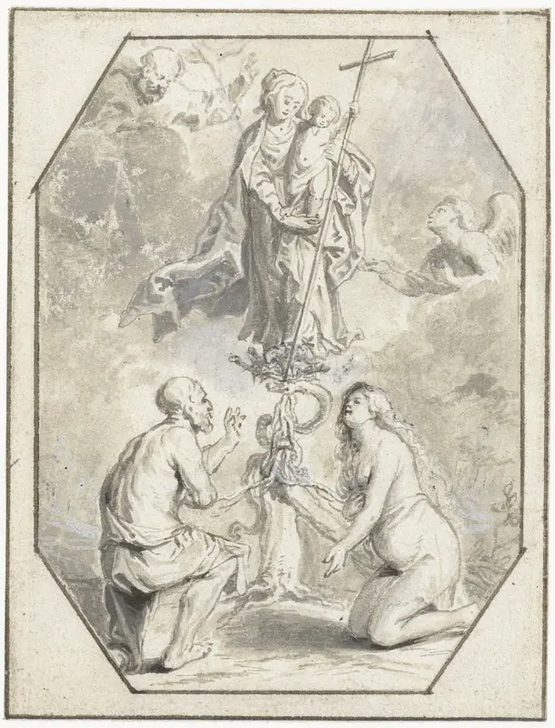 Adam en Eva knielend voor Maria met kind Wall Art by Abraham van Diepenbeeck - High-Resolution Digital Print