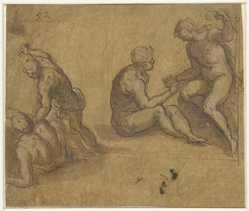 Adam en Eva onder de boom en Cain die Abel doodt Wall Art by Jacopo Palma (il Giovane) - High-Resolution Digital Print