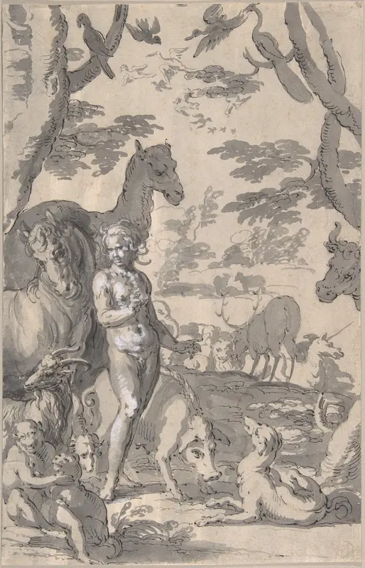Adam in the Garden of Eden, Naming the Animals Wall Art by Joachim Wtewael - High-Resolution Digital Print